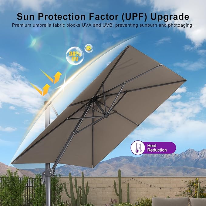 PURPLE LEAF 8 FT Outdoor Umbrella with Base Patio Cantilever Aluminum Umbrella with 3 Years Fade Resistance Recycled Fabric Offset Square with 360-degree Rotation for Deck Pool Garden, Ash Mocha