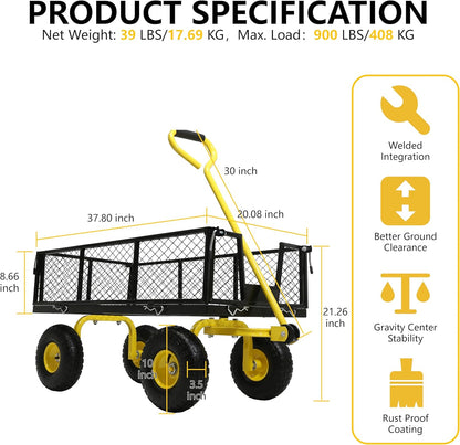 Steel Garden Cart, 2-in-1 Heavy Duty Utility Wagon 900 LBS Capacity Carts with Removable Mesh Sides to Convert into Flatbed, 240° U-Turn 10" Pneumatic Tires Garden Wagon for Lawn Camping Farm Yard