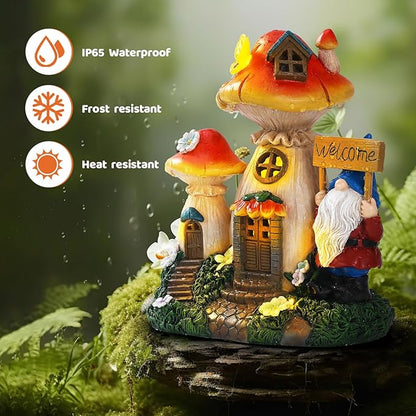 Json Solar Garden Statue Lights Mushroom Fairy House Figurine, Outdoor Memorial Garden Ornaments Waterproof Decoration for Outside Patio Yard Lawn Decor