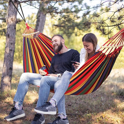 Chihee Cotton Hammock Large Soft Breathable Camping Hammock Holds Up to 660lbs Portable Tree Hammock with Detachable Spreader Bar Pillow 2 Strong Webbings 2 Carabiners Patio Garden Indoor Outdoor