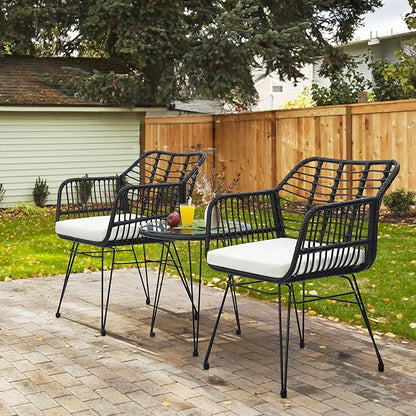 3 Piece Wicker Patio Bistro Furniture Set, Includes 2 Rattan Chairs and Glass Top Table, Ideal for Porch, Outdoor, Backyard, Apartment, Balcony, Black