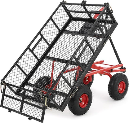 Heavy Duty 880 Lbs Steel Dump Utility Garden Cart, Steel Garden Wagon with Removable Mesh Sides and 10 inch Wheels, Dump Garden Carts with 180° Rotating Handle for Outdoor, Gardening, Farm