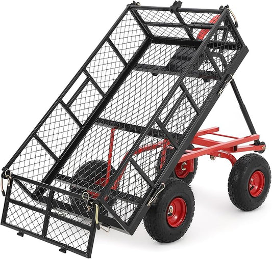 Heavy Duty 880 Lbs Steel Dump Utility Garden Cart, Steel Garden Wagon with Removable Mesh Sides and 10 inch Wheels, Dump Garden Carts with 180° Rotating Handle for Outdoor, Gardening, Farm