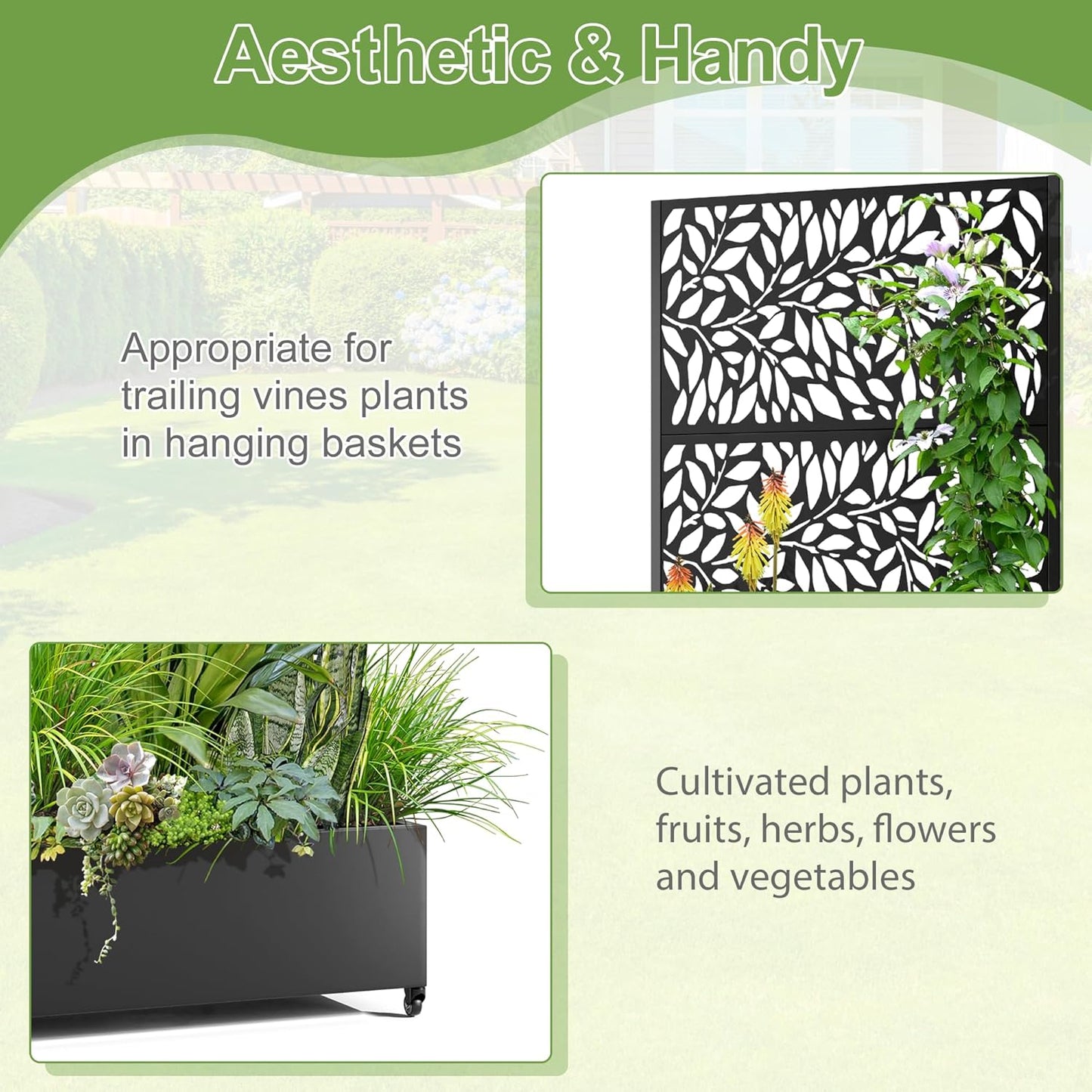 Raised Garden Bed with Trellis and Wheels,73"x35"x16" Metal Raised Garden Bed,Black Flowing Leaf-2 Metal Planter with Climbing Trellis for Vines & Vegetables