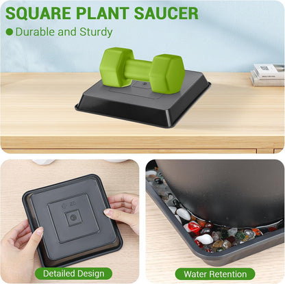 GREANER Plant Trays for Pots Square, 6 Inch Plant Drip Trays, Black Plant Plates to Catch Water Indoor Plants, Plant Tray for Indoor Outdoor Flower Pots and Planters, Bulk(6 PCS)