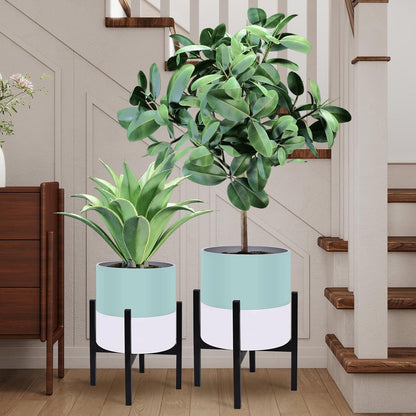 10 & 12 Inches Plant Pots with Stand-Large Indoor Planters with with Drainage Holes,Modern Planting Pots with White and Green Color Matching for Living Room, Office, Garden Or Balcony