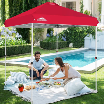 EAGLE PEAK Pop Up Canopy Tent with Wheeled Carry Bag, 8 Stakes, 4 Ropes, Easy Set Up Tent Canopy, 6.6x6.6 ft, Red