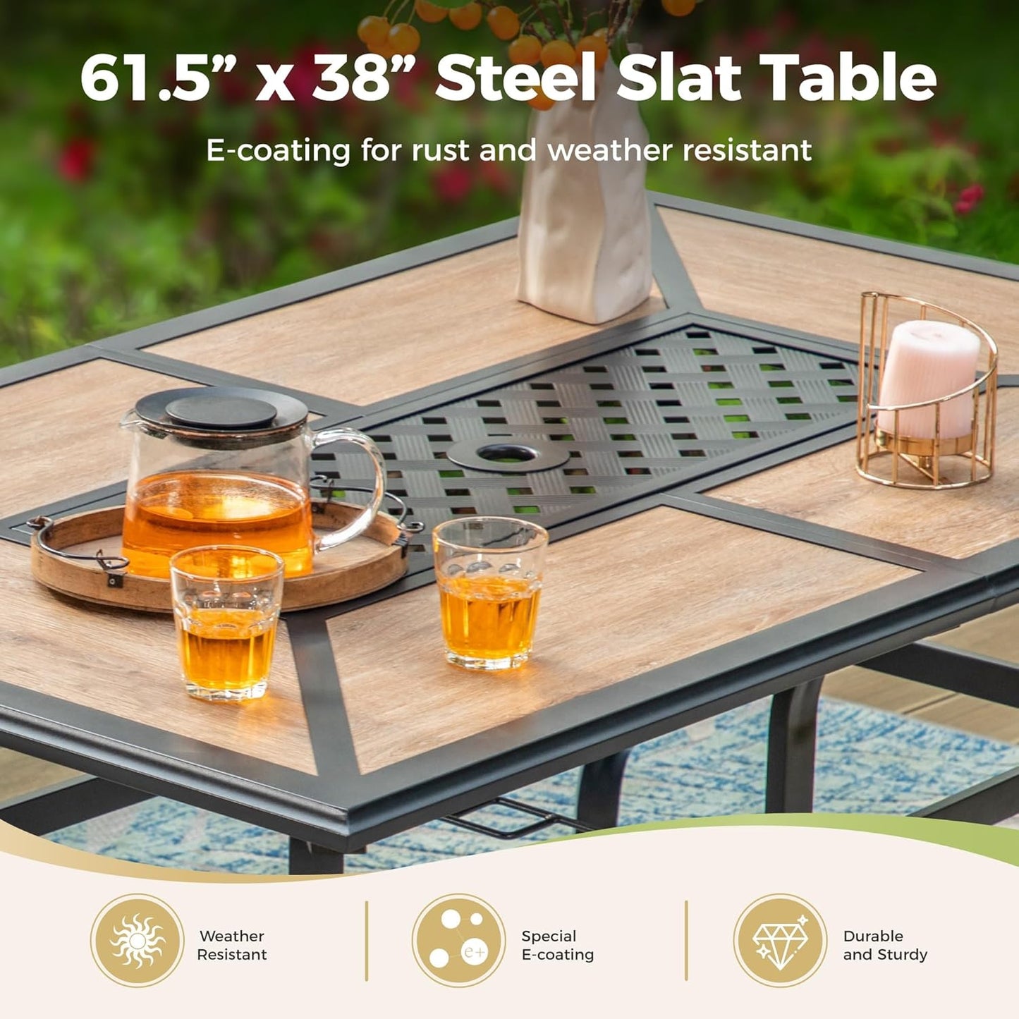Outdoor Patio Dining Table for 6, 61" x 38" Rectangular Metal Patio Dining Table with Umbrella Hole for Garden, Backyard and Porch