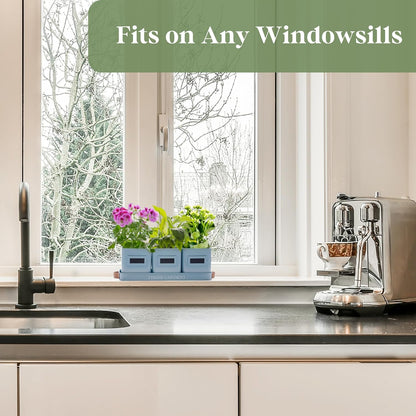 PERFNIQUE Indoor Herb Garden, Herb Garden Planter Set with Tray, Farmhouse Indoor Plant Pots, Windowsill Herb Garden with Drainage(Planter only) for Indoor/Outdoor, Window Pots(Sky Blue)