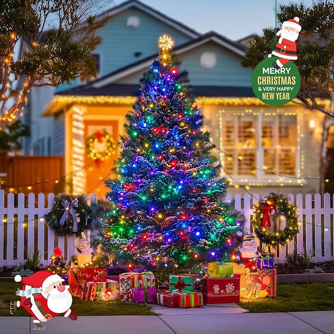 JMEXSUSS 2 Pack Warm White & Multicolor Solar Christmas Lights Outdoor, Each 100 LED 33ft Solar Color Changing Lights Outdoor Waterproof for Christmas Tree Decorations