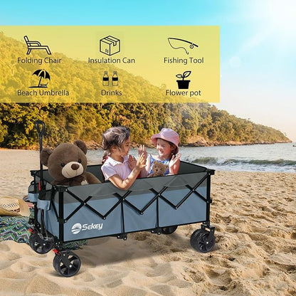Sekey 48''L Collapsible Foldable Extended Wagon with 440lbs Weight Capacity, Heavy Duty 300L Folding Utility Garden Cart with Big All-Terrain Beach Wheels & Drink Holders. Blue&Grey