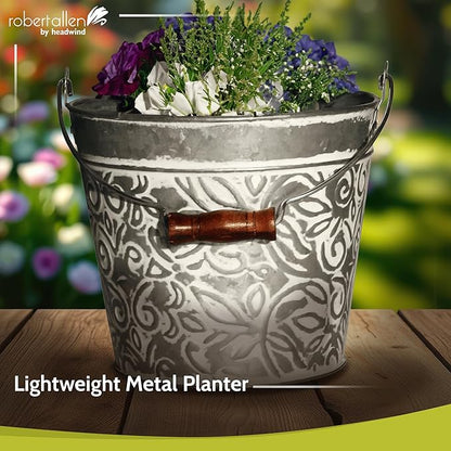 Headwind Vintage Collection - Floral Galvanized Planter with Handles – 12 Inch Flower Pots Decorative Plant Indoor – Plant Pots Indoor with Drainage by Robert Allen