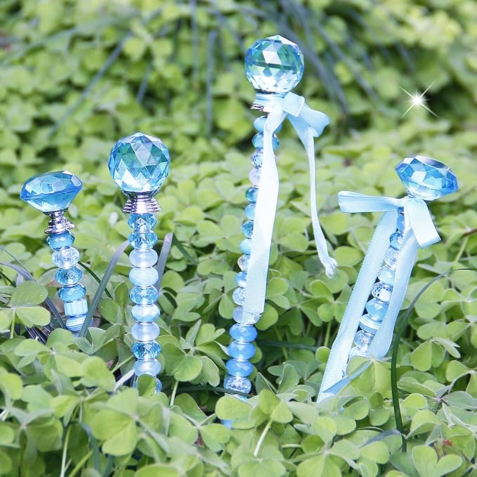 119 Pcs Garden Stake DIY Fairy Wand Plant Stake with Blue Large Hole Beads Crystal Diamond Stopper Top 4 Stainless Steel Threaded Rod Beaded Garden Stakes for Outdoor Indoor Yard Patio Decorations