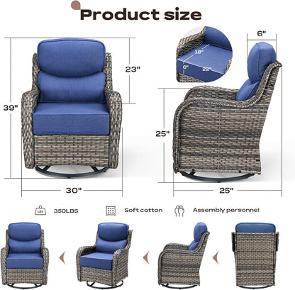 4 Piece Outdoor Patio Swivel Rocker Chairs, Waterproof Wicker, High Back, Deep Seating, Wide Armrest, Upgraded 6 inch Thick Cushions, Ideal for Deck Porch Backyard, Mixed Grey/Blue