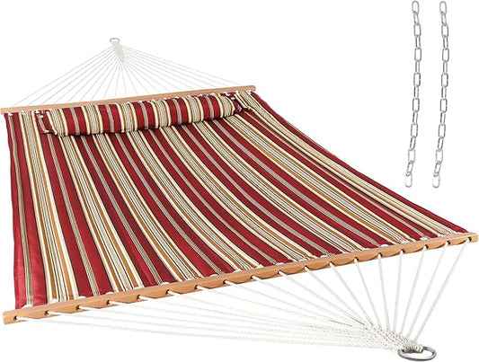 Sunnydaze Quilted Outdoor Hammock with Spreader Bars - Heavy-Duty 450-Pound Capacity Double Hammock for Outside - Red Stripe