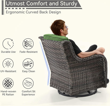 6 Pieces Outdoor Furniture Set - Patio Wicker Swivel Rocker Chair Set of 4 and 2 Side Table, Green, Mixed Brown Rattan, Suitable for Porch, Yard