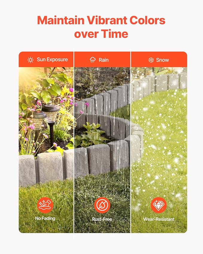 VEVOR Faux Stone Landscape Edging, No Dig Garden Edging Border, Flexible Blocks for Lawn Edging, Flower Beds, Driveway, Yards with 12 Spikes, 4 Pack 24 Bricks 16FT Kit, 47.2" Lx 4" W x 9" H, Beige