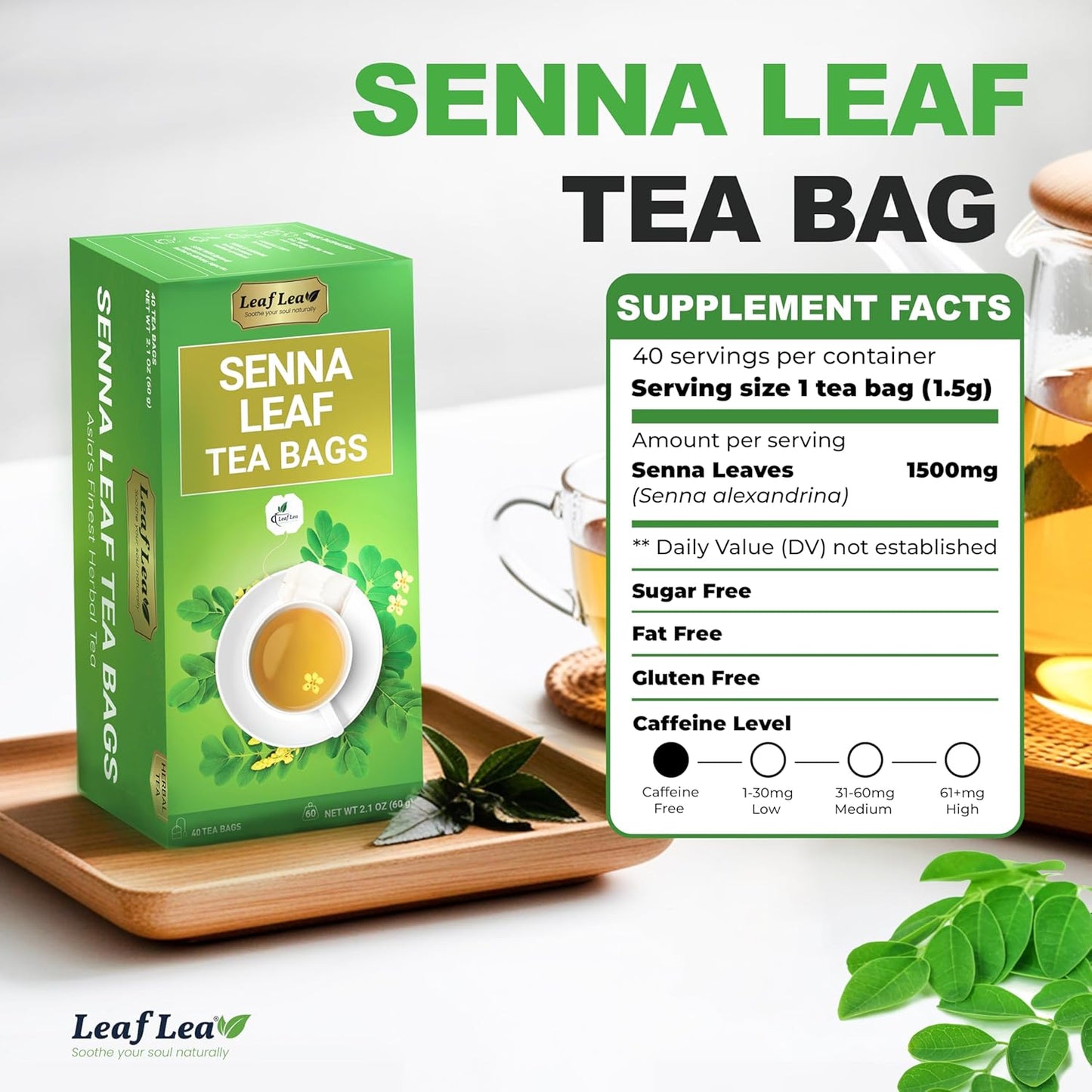 LeafLea 80 Senna Leaf Tea Bags – Natural Herbal Laxative Tea, Supports Gentle Constipation Relief & Healthy Digestion, Caffeine-Free, Sugar-Free, No Gluten, Non-GMO, Vegan, Individually Wrapped