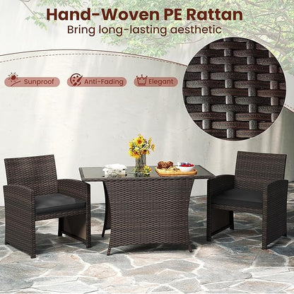 Tangkula 3 Piece Patio Wicker Dining Set, 2 Rattan Chairs with Rectangle Tempered Glass Dining Table, Outdoor Conversation Set with Cushions for Backyard, Porch, Poolside