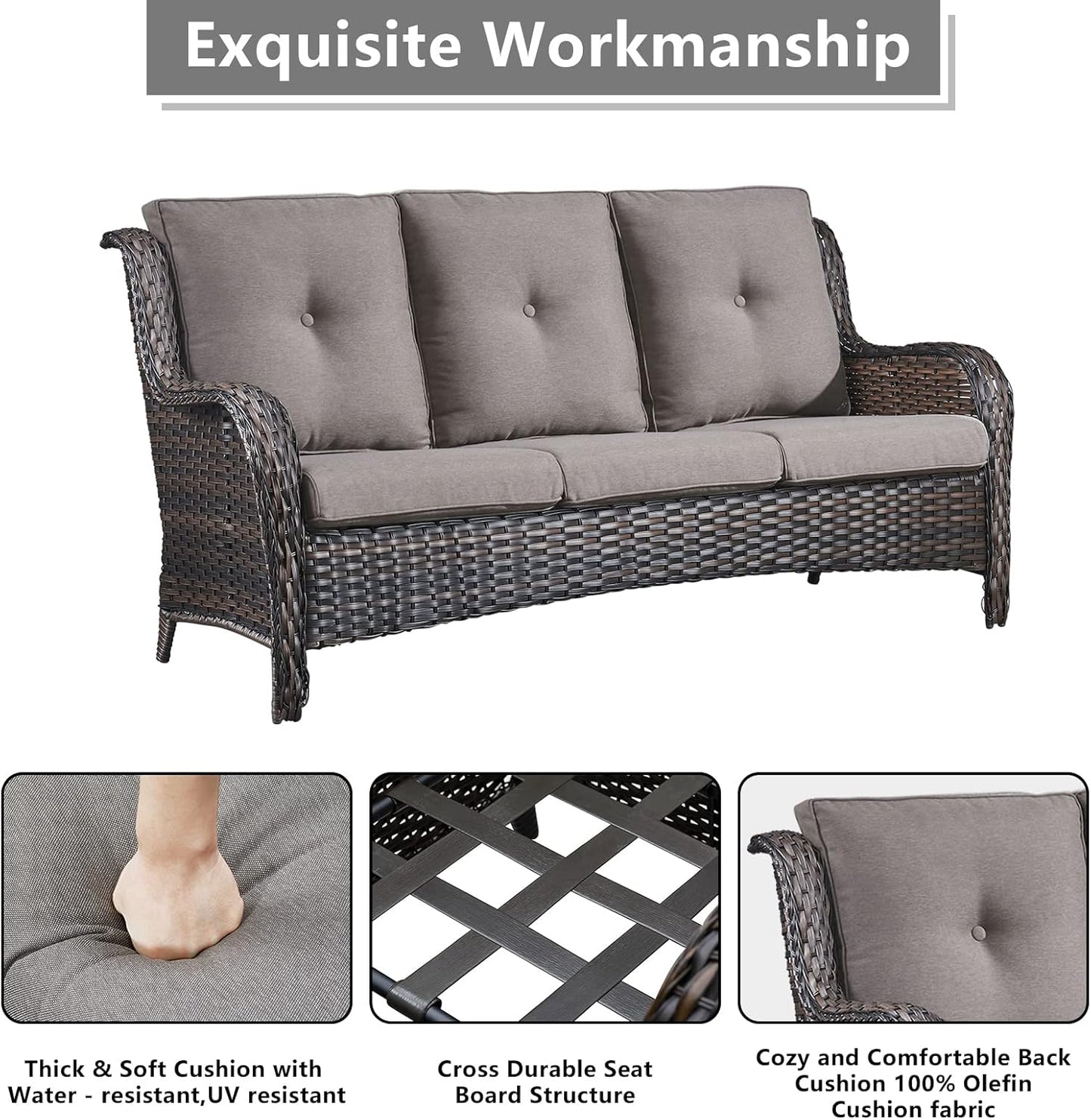 Outdoor Wicker Patio Furniture Set - 6 Piece Rattan Patio Conversation Set with 2 Rocking Swivel Chairs,2 Ottomans,1 Sofa and 1 Coffee Table for Porch Deck Backyard Garden(Brown/Grey)