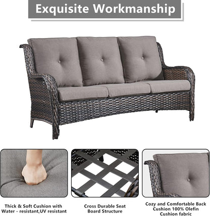 Outdoor Wicker Patio Furniture Set - 6 Piece Rattan Patio Conversation Set with 2 Rocking Swivel Chairs,2 Ottomans,1 Sofa and 1 Coffee Table for Porch Deck Backyard Garden(Brown/Grey)