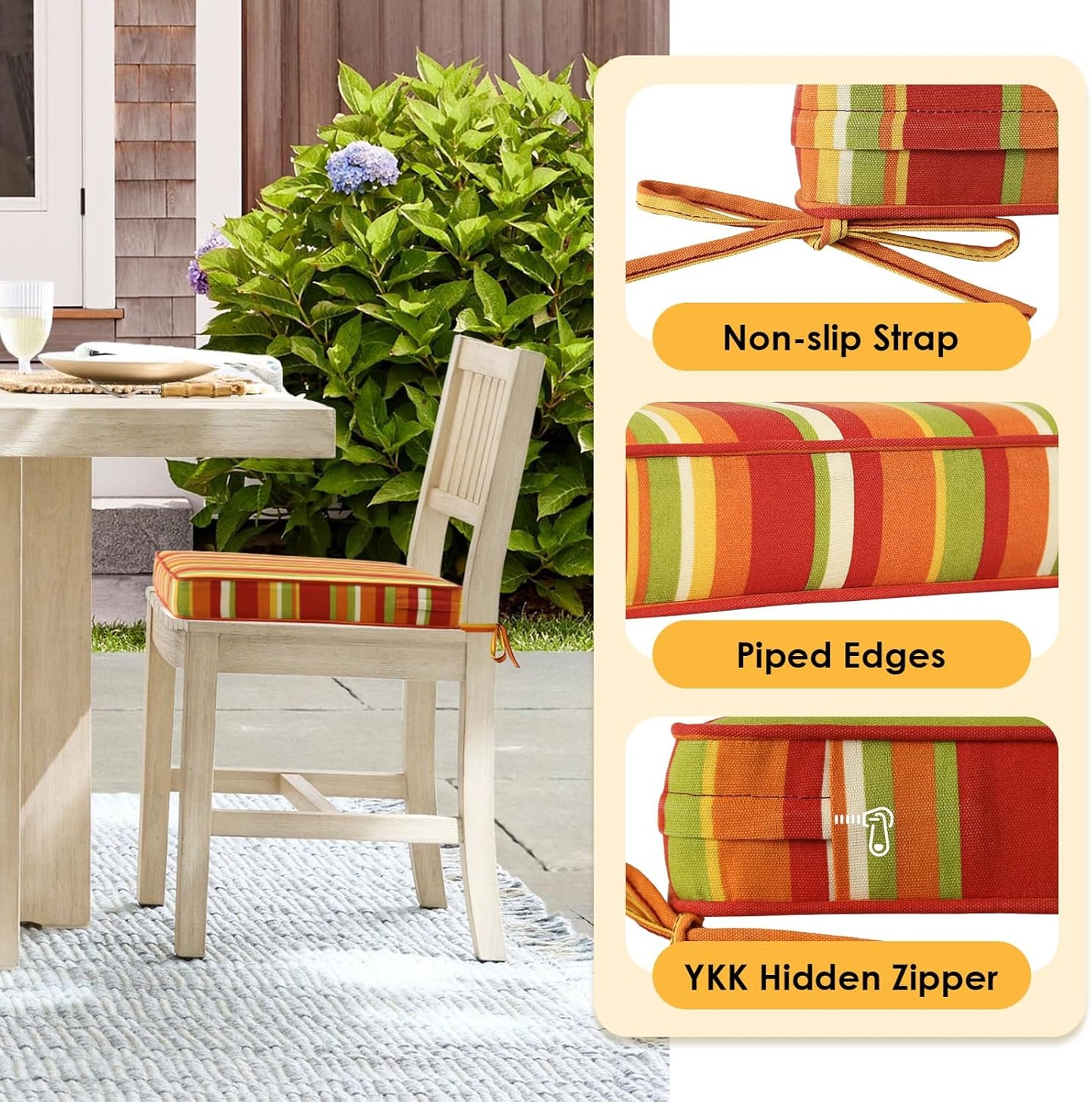 Outdoor Square Corner Seat Cushion, 19"x19"x3", Set of 4, Non Slip Seat Cushion Pads with Removable Cover for Patio Furniture, Garden Yard Lawn, Rainbow Stripe