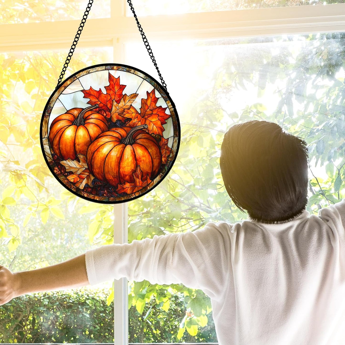 Stained Glass Window Hanging, Pumpkin Maple Leaf Suncatcher for Doors Home Sun Catchers Decoration and Christmas, Mother's Day Birthday Gifts for Women, Men, and Mom 9.8 in
