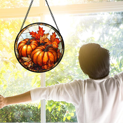 Stained Glass Window Hanging, Pumpkin Maple Leaf Suncatcher for Doors Home Sun Catchers Decoration and Christmas, Mother's Day Birthday Gifts for Women, Men, and Mom 9.8 in