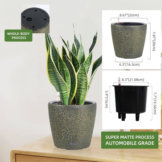 Dexceder 9x8 Inches Self Watering Planter Indoor Outdoor, Inner Pot Design, Thickened Table Flower Plant Pot with Water Level Indicator (Black Gold Crackle)