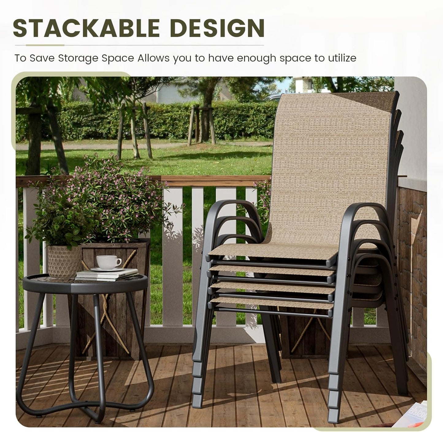 UDPATIO Patio Chairs Set of 4, Stackable Outdoor Dining Chairs with High Back, Breathable Textilene Fabric Outdoor Chair All Weather, 350LBS Capacity for Garden, Backyard (Brown)