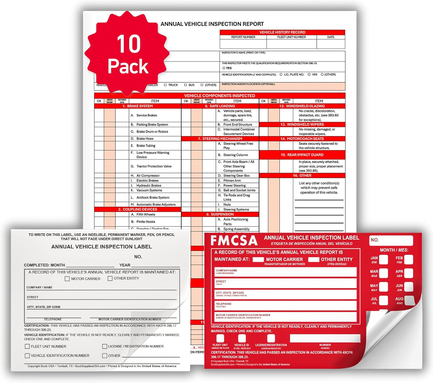 10 Pack 3-Ply Carbonless Annual Vehicle Inspection Report Forms with FMCSA Red Aluminum Labels & White Mylar Laminate Vinyl Labels, DOT Inspection Forms and Stickers, Shrink-Wrapped, 8.5" x 11.75"