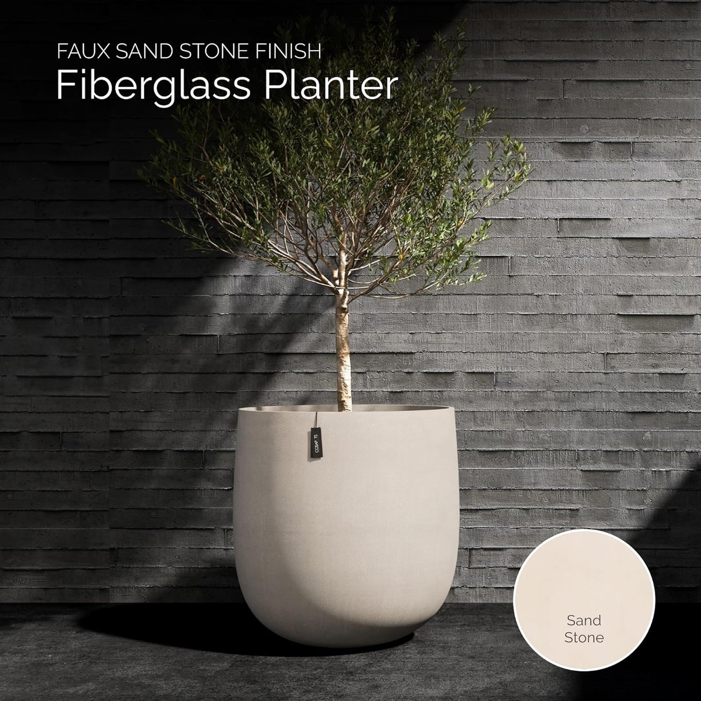 Mondo Large Planter – Sand Stone Finish – Fiberglass Indoor/Outdoor and Weather-Resistant Round Planter (19.7" D x 19.1" H Exterior, 18.5" D x 18.5" H Interior)