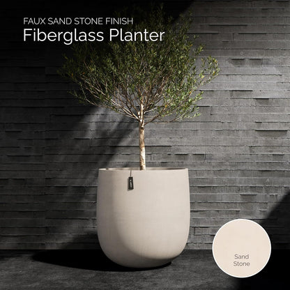 Mondo Large Planter – Sand Stone Finish – Fiberglass Indoor/Outdoor and Weather-Resistant Round Planter (26" D x 24" H Exterior, 24.6" D x 24" H Interior)