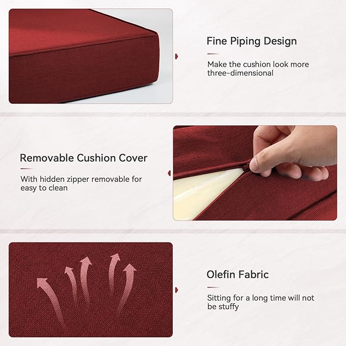 Luxury 6" Outdoor Cushions for Patio Furniture, 24x24x6" Thick Seat Cushion Set of 7, Fade Resistant Couch Chair Replacement Cushions High Density Deep Wicker Chair Cushion w/ Removable Cover, Red