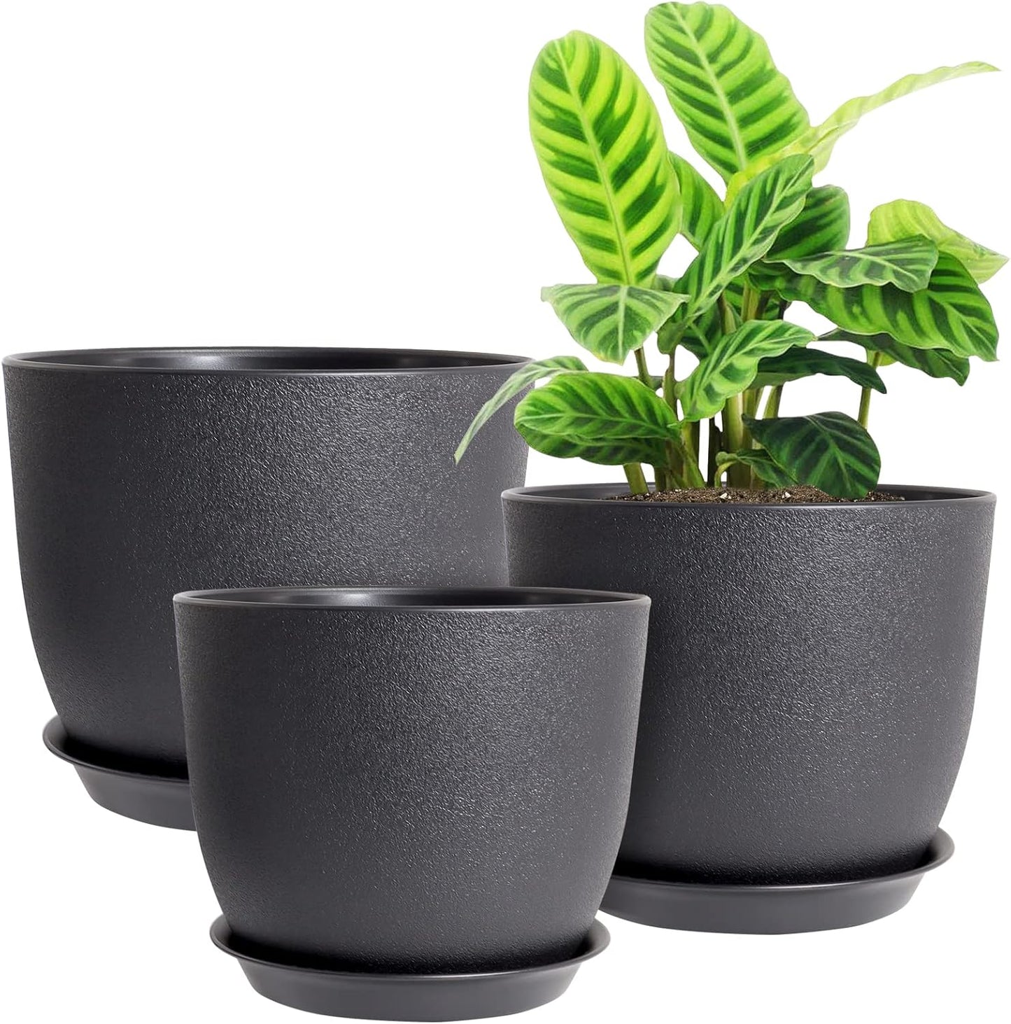 Modern Plant Pots Set, 9/8/7.5 inch Plastic Planters for Indoor Plants, Stylish Flower Pots with Drainage Holes and Saucers for House Plants and Flowers, Black