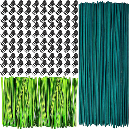 RONYOUNG 100 Pieces Green Bamboo Plant Stakes with 100 Pieces Orchid Clips and 100 Metallic Twist Ties for Supporting Stems Vines Stalks Grow Upright