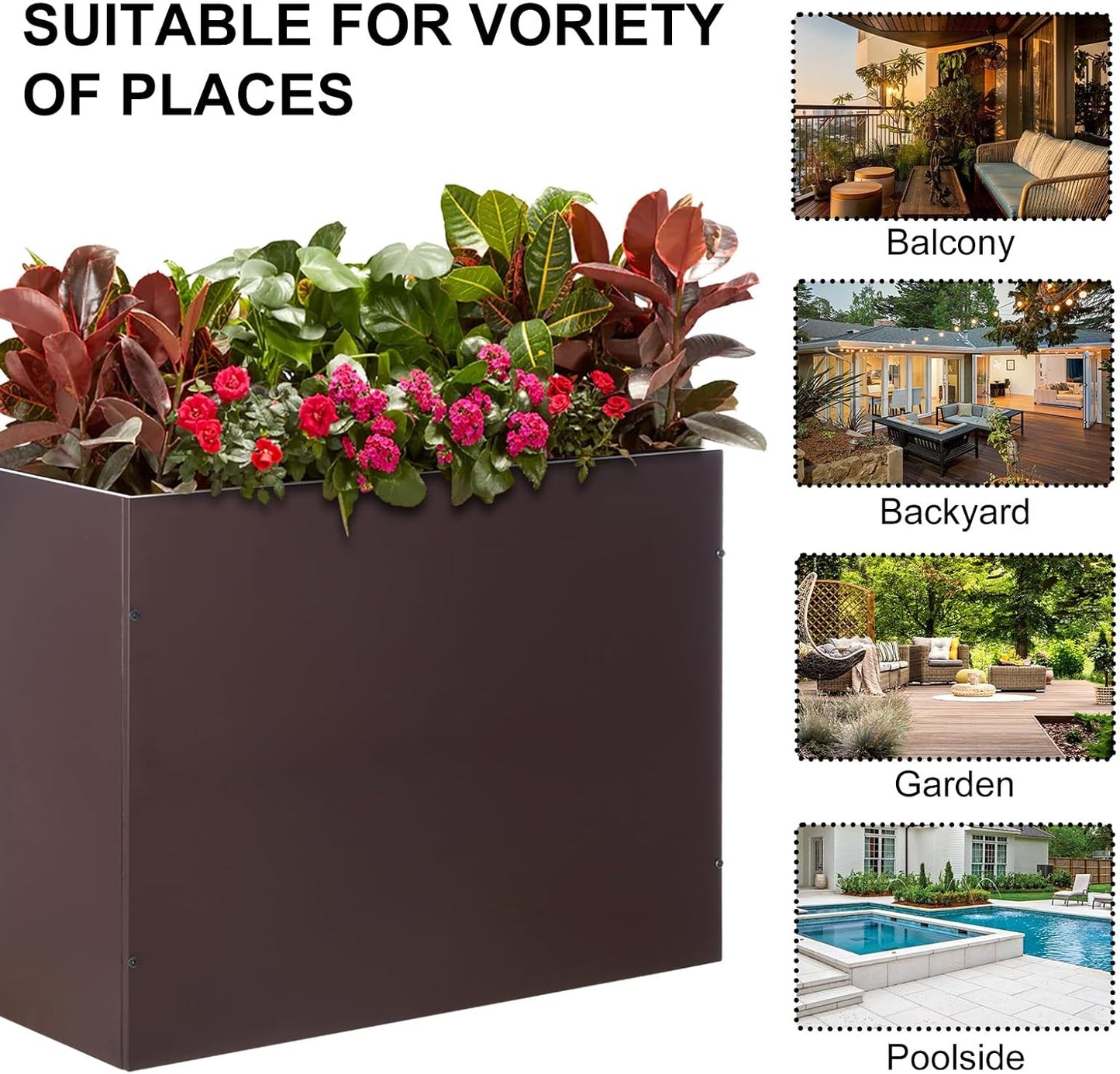 SUNNYPARK Large Metal Planter Box 32”x 12”x 24”, Rectangular Modern Brown Metal Planter Box Heavy Duty with Drainage Holes for Outdoor Garden Patio