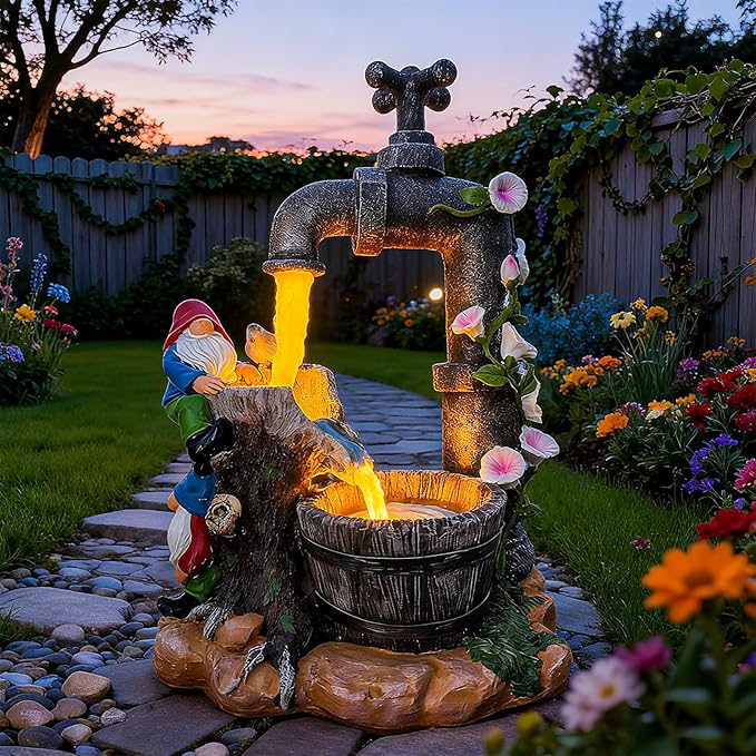 Solar Garden Gnomes Statues Outdoor Yard Decorations, 10" Resin Fountain Gnome Outside Christmas Art Decor for Lawn Patio Porch Backyard,Unique Housewarming Gifts for Women Mom Grandma
