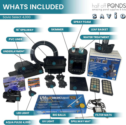 HALF OFF PONDS Savio Select 4,000 GPH Submersible Pump Pond Kit with 15' x 25' PVC Plastic Pond Liner, UV Clarifier for Water Garden & Koi Pond