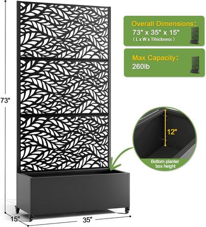 FENCY Metal Raised Garden Bed with Wheels and Trellis,73"x35"x16" Planter Box for Climbing Plants, Vegetables & Vines, Features Privacy Screen and Drainage Holes (Black-Leaf)