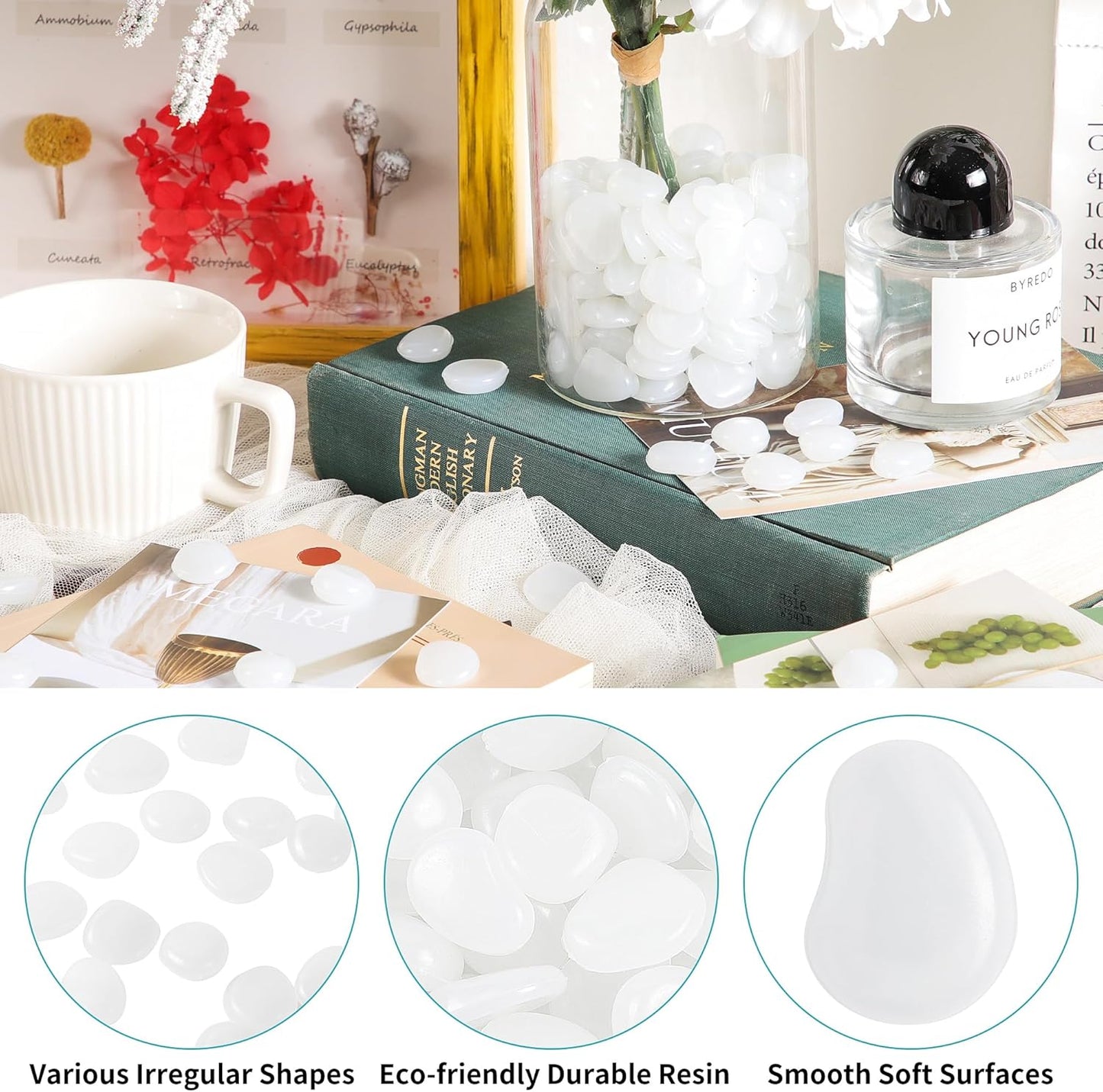 OSOPOLA 150 PCS Glow in The Dark Rocks - White Luminous Stones Fish Tank Accessories Turtle DIY Decor Pebbles for Fairy Garden Yard FD05WH150