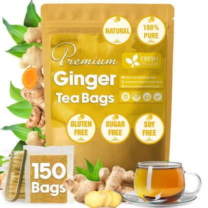 FreshDrinkUS, 150 Premium Ginger Tea Bags, Non GMO, 100% Natural & Pure from Ginger Root, Root Herbal Tea. No Sugar, No Caffeine, No Gluten, Vegan. Support Stronger Digestion, Pleasantly Spicy & Warming