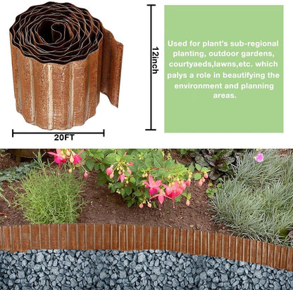 Landscape Edging Border 12inch x 20ft- Corrugated Metal Garden Edging - Lawn Edging Borders - Galvanized Edging Long Strips Yard Border for DIY Flower Beds, Plants, Walkways-Brown