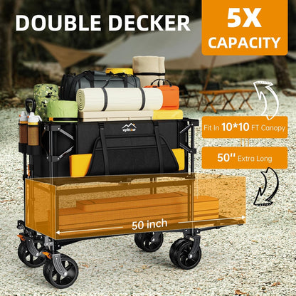 Foldable 50''L Extra Long Double Decker Wagon for Sport, 400L Collapsible Heavy Duty Wagon Cart with Big Wheels, Utility All-Terrain Large Extender Cart for Outdoors