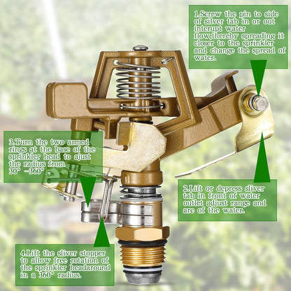 Ferraycle 12 Pieces 1/2 Inch Brass Impact Sprinkler Head with Nozzles Heavy Duty Adjustable 0-360 Degrees Impulse Sprinkler Head Lawn Watering for Yard Irrigation