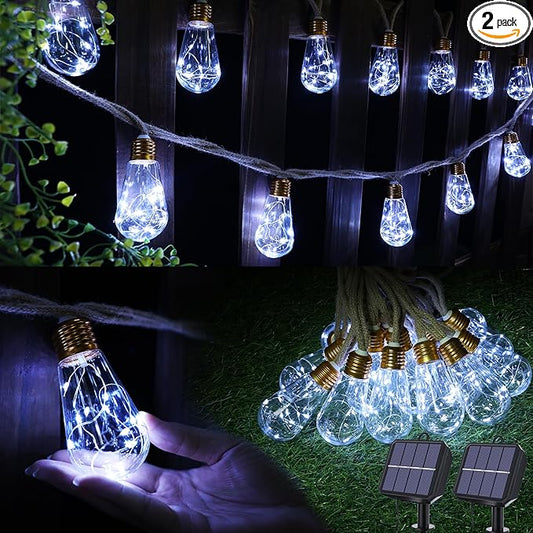 Solar Outdoor String Lights, 2 Pack 20Ft Vintage Rope Hemp Solar Patio Lights, Waterproof White Solar Powered String Lights With 8 Modes 16 Shatterproof Bulbs for Garden Stairs Balcony Café Bistro