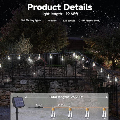 Solar Outdoor String Lights, 20Ft Vintage Rope Hemp Solar Patio Lights, Waterproof White Solar Powered String Lights With 8 Modes 16 Shatterproof Bulbs for Garden Yard Fence Stairs Balcony Café Bistro