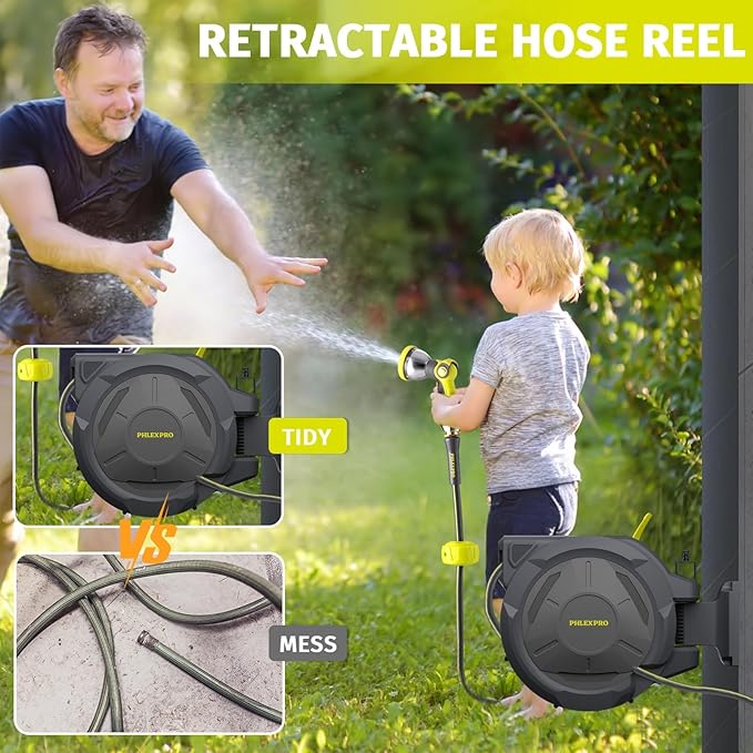 Retractable Garden Hose Reel 5/8 in x 115 ft Heavy Duty Automatic Water Hose Reel Wall Mounted with 10 Pattern Nozzle,Any Length Lock, Slow Return System, 180°Swivel Bracket