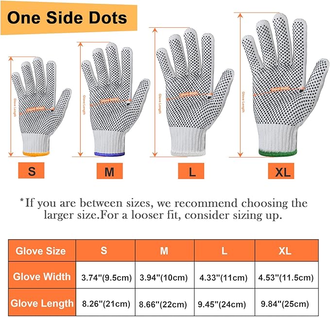 Evridwear Cotton Polyester String Knit Shell Safety Protection Work Gloves for Painter Mechanic Industrial Warehouse Gardening Construction Men & Women 12 Pairs, With one Side Dots, L Size