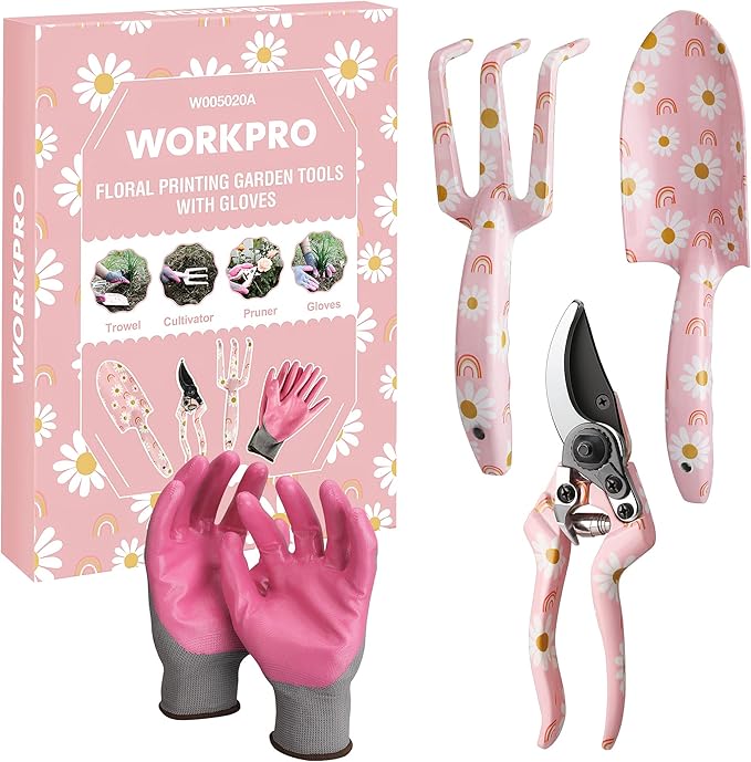 WORKPRO Aluminum Garden Tool Set, 4PCS Heavy Duty Gardening Tools with Box Include Trowel, Rake, Pruner, Gloves, Pink, Garden Gifts-Pink Ribbon